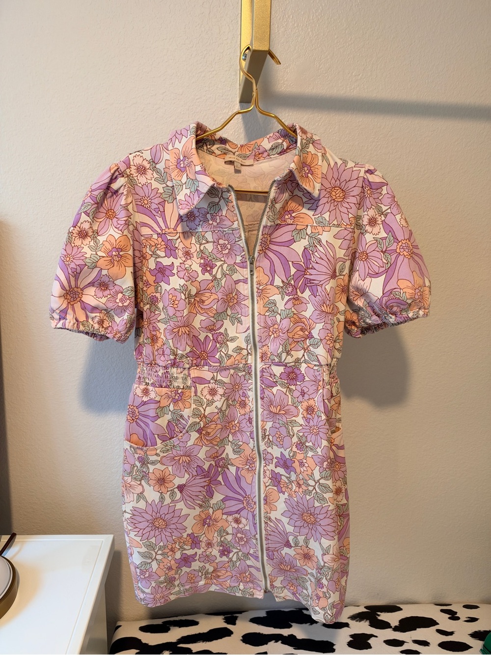Skies Are Blue Floral Zip Puff-Sleeve Dress - Pink & Cream